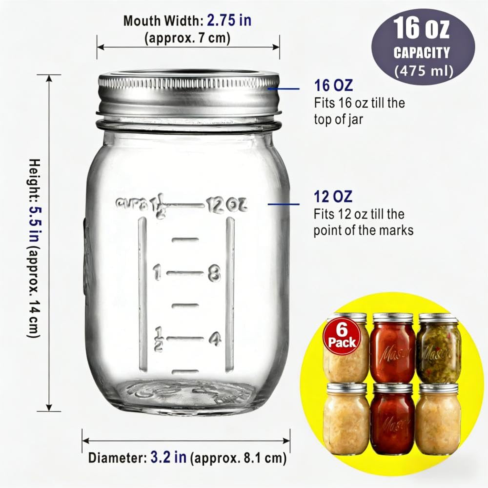 16 oz 6-Pack Regular Mouth Glass Mason Jars with Airtight Lids X147