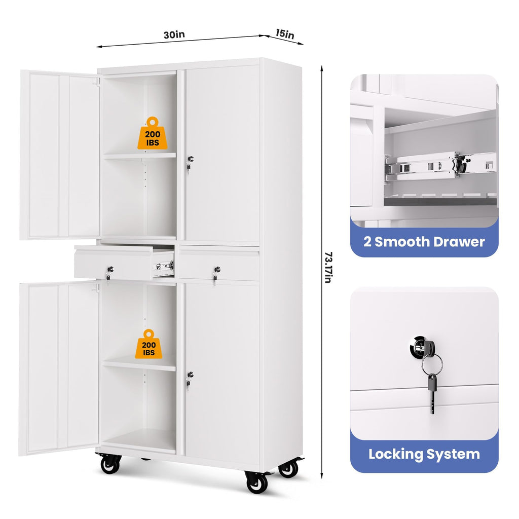 72” Rolling Metal Storage Cabinet with Locking Doors & 2 Drawers K412