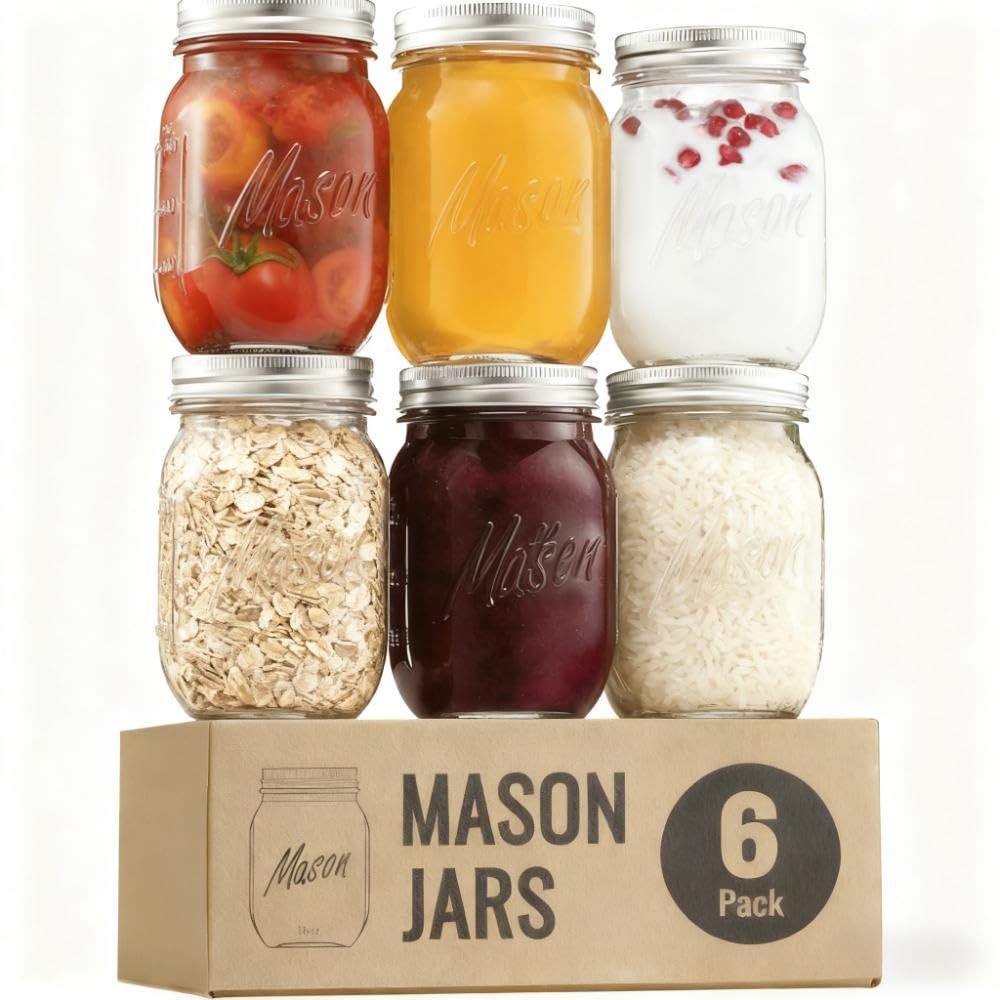 16 oz 6-Pack Regular Mouth Glass Mason Jars with Airtight Lids X147