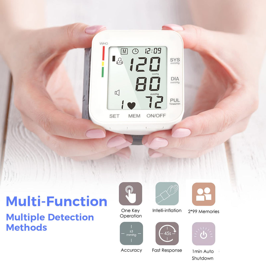 Wrist Blood Pressure Monitor Large LCD Display Adjustable Cuff 99x2 Sets Memory with Carrying Case White Pack of 5 J6183
