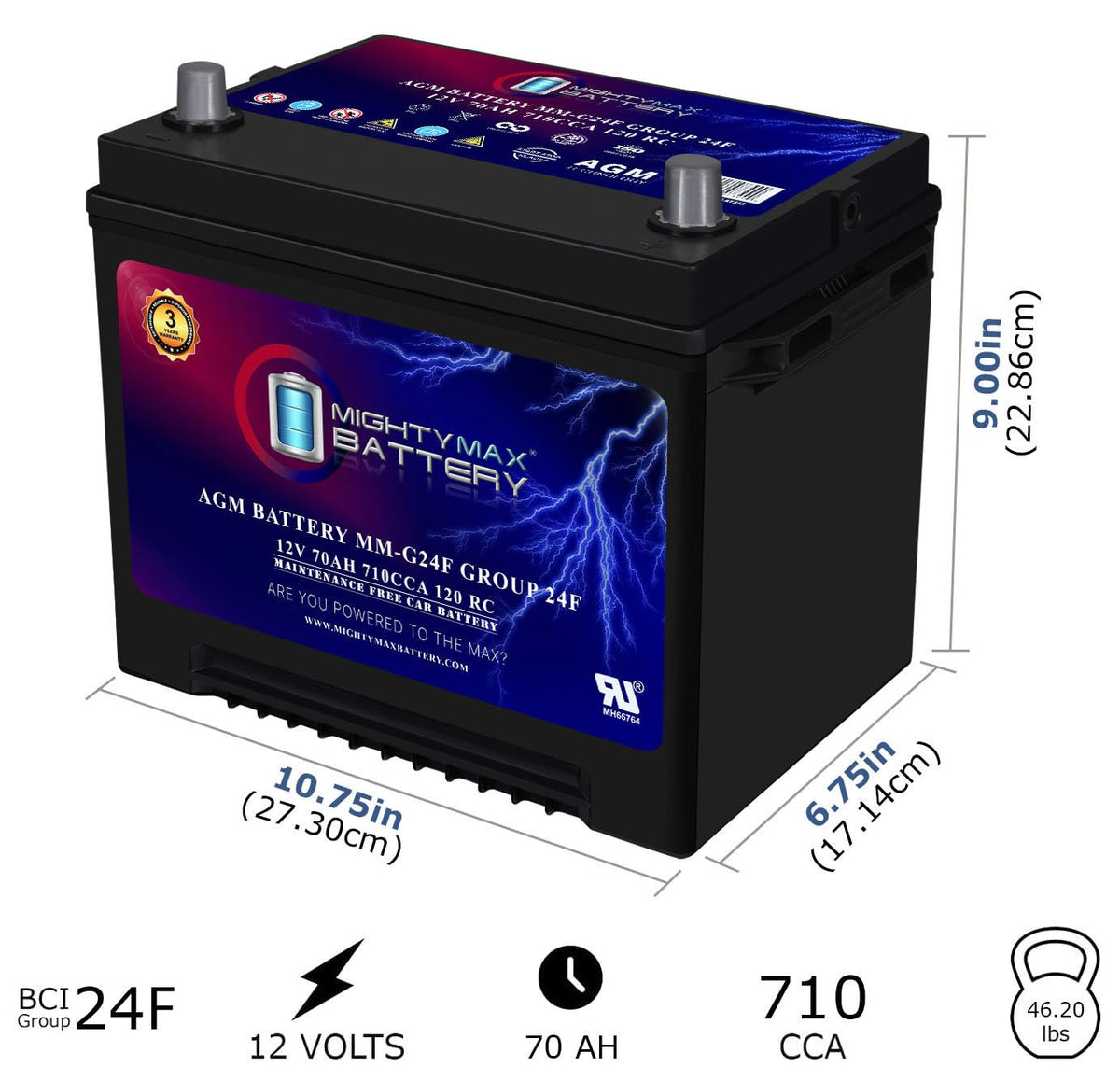 12V 70Ah AGM Replacement Battery H9696
