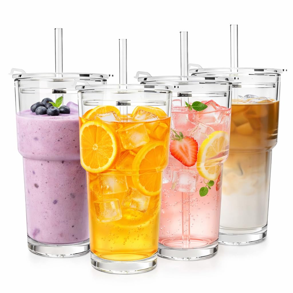 Clear Iced Coffee Cups with Lids 4 Pack 20oz Reusable Glass Cups O7205
