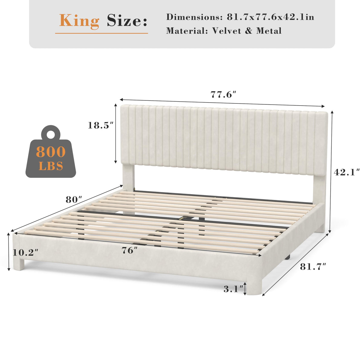 King Size Velvet Upholstered Bed Frame with Headboard B226715