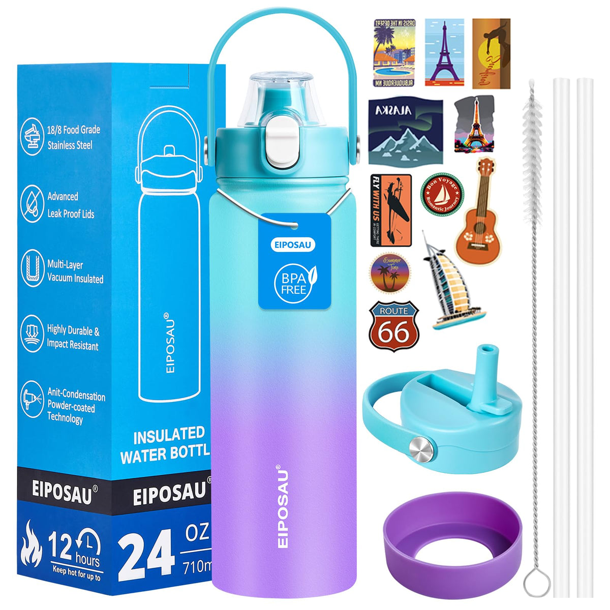 Insulated Water Bottle with Lid & Boot & Stickers, 24 oz B944411