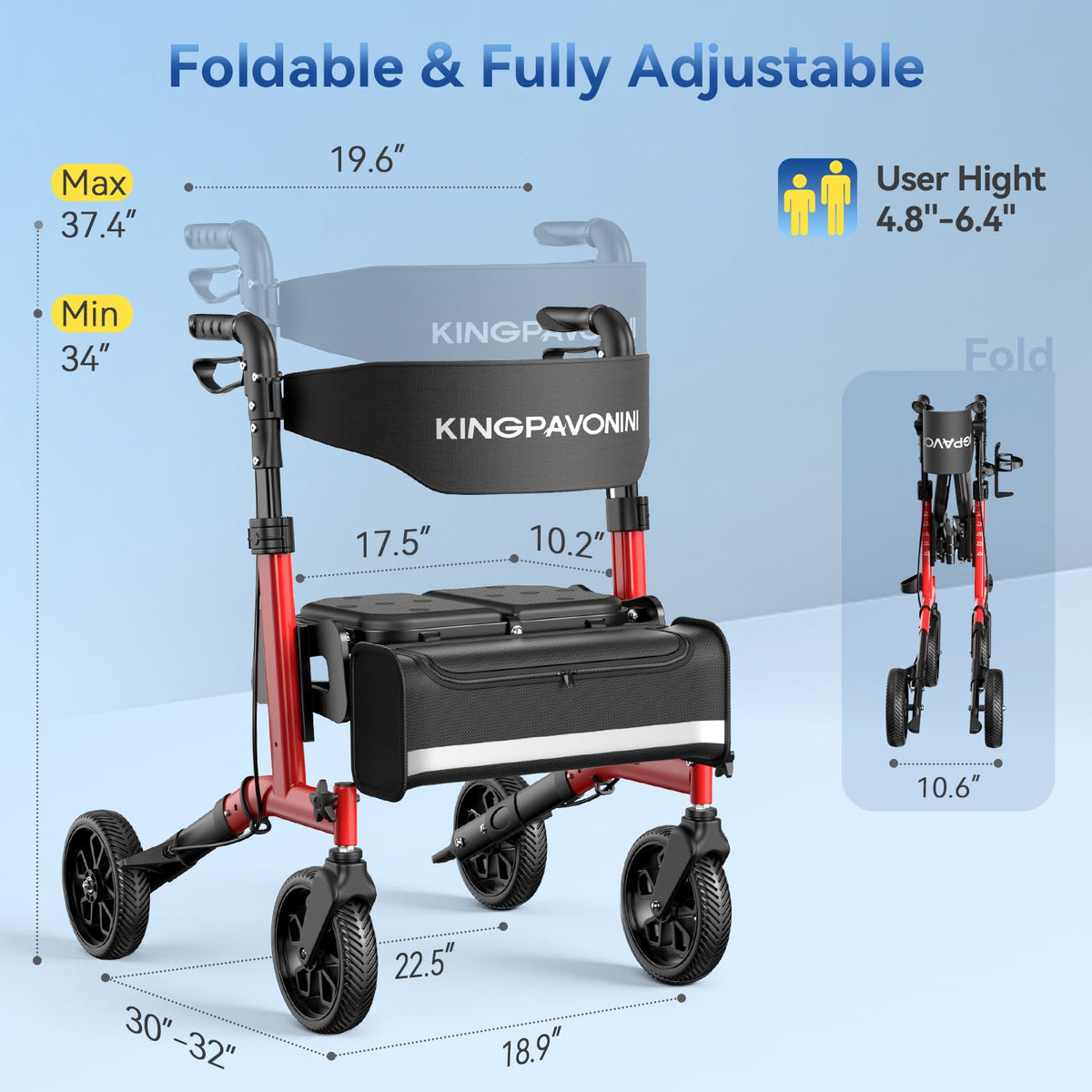 Foldable Rollator Walker with Seat, 380 lbs, Red V53265