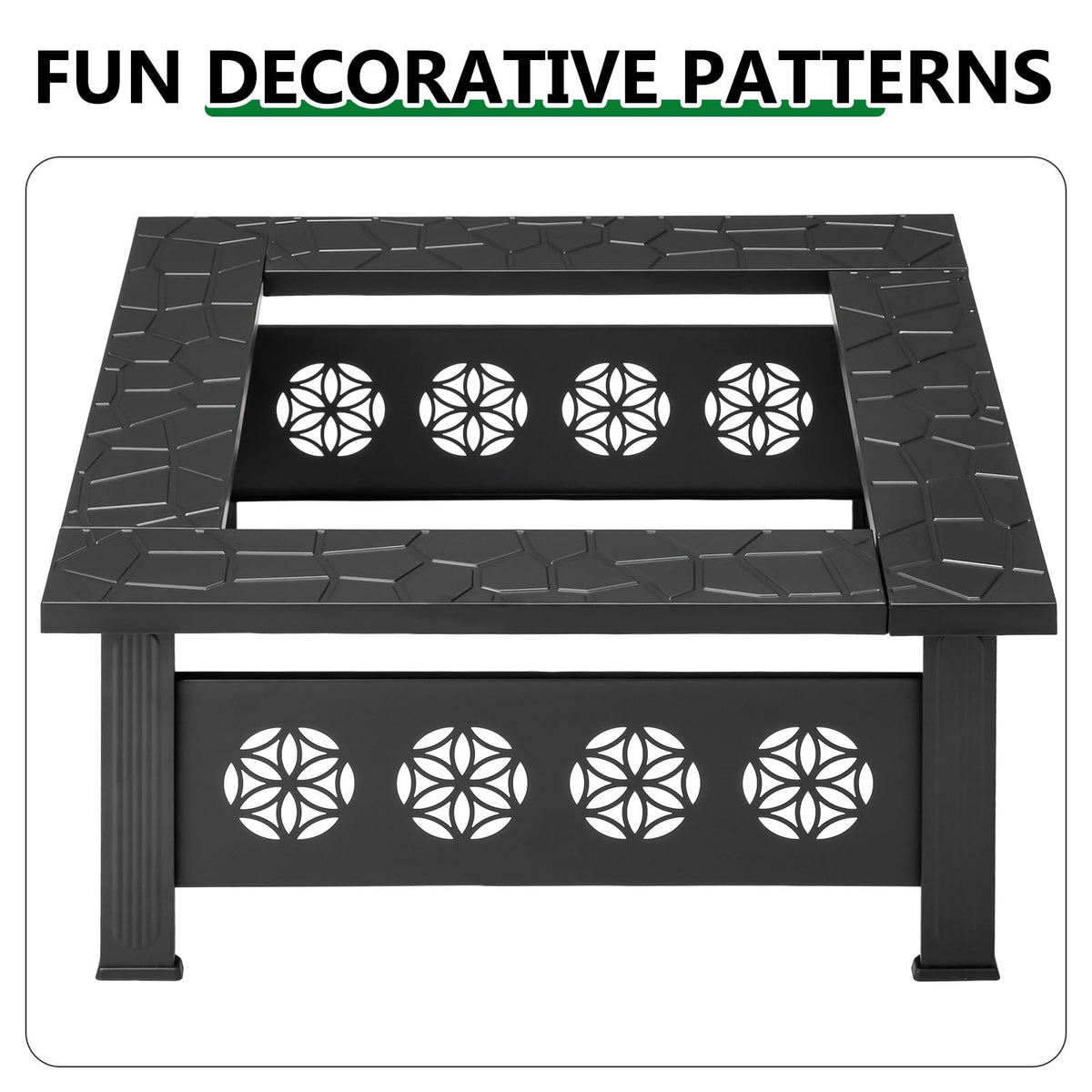32 Inch Square Wood Burning Fire Pit Table with Spark Screen Lid and Fire Poker W5846