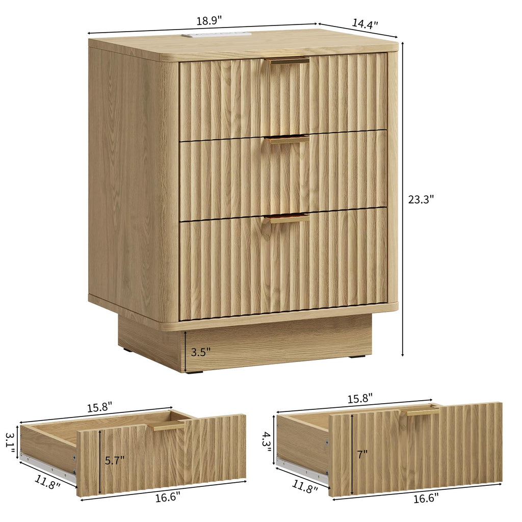 Natural 3 Drawer Nightstand with Charging Station V7540
