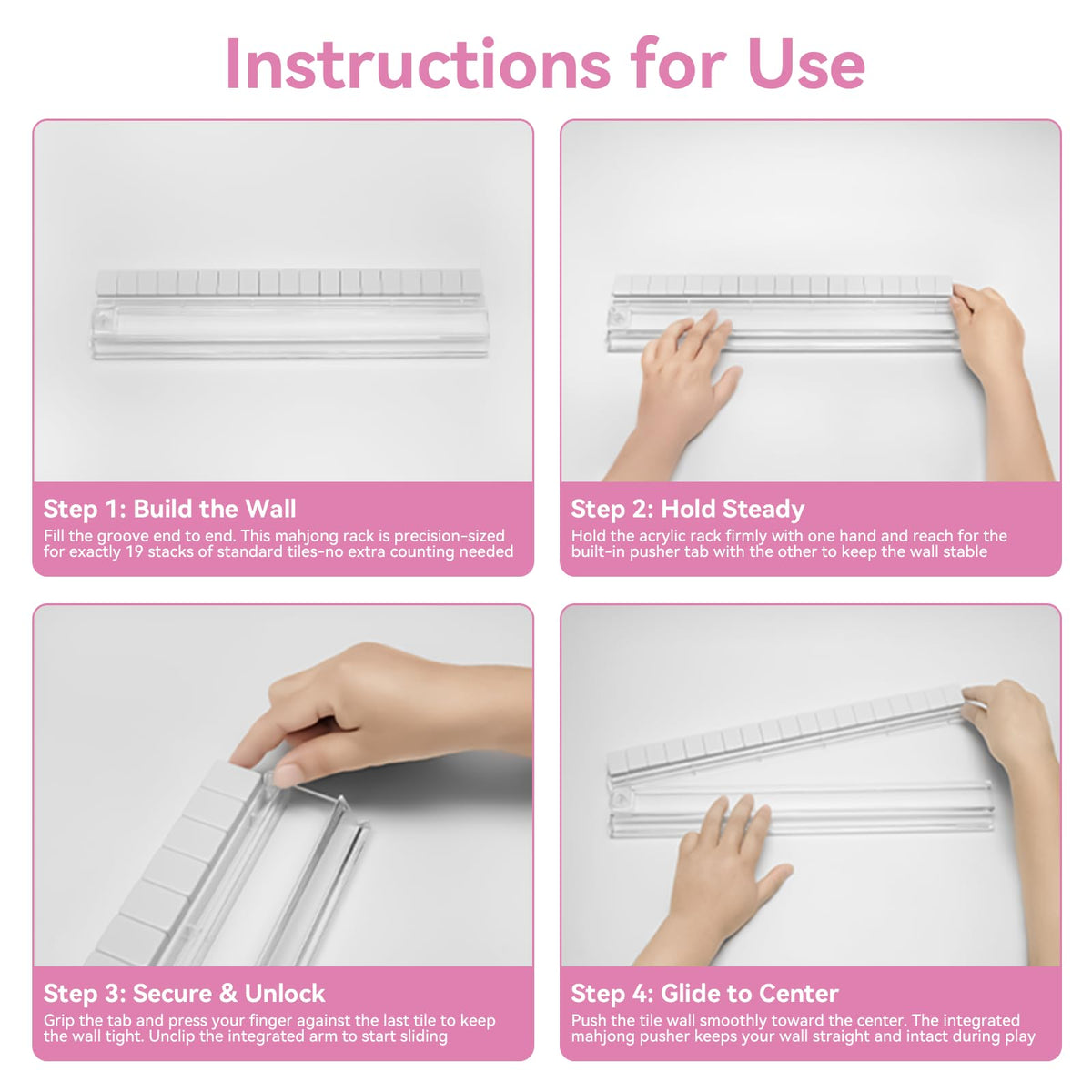Set of 4 Non-Slip Clear Acrylic Mahjong Racks with Pushers Q366