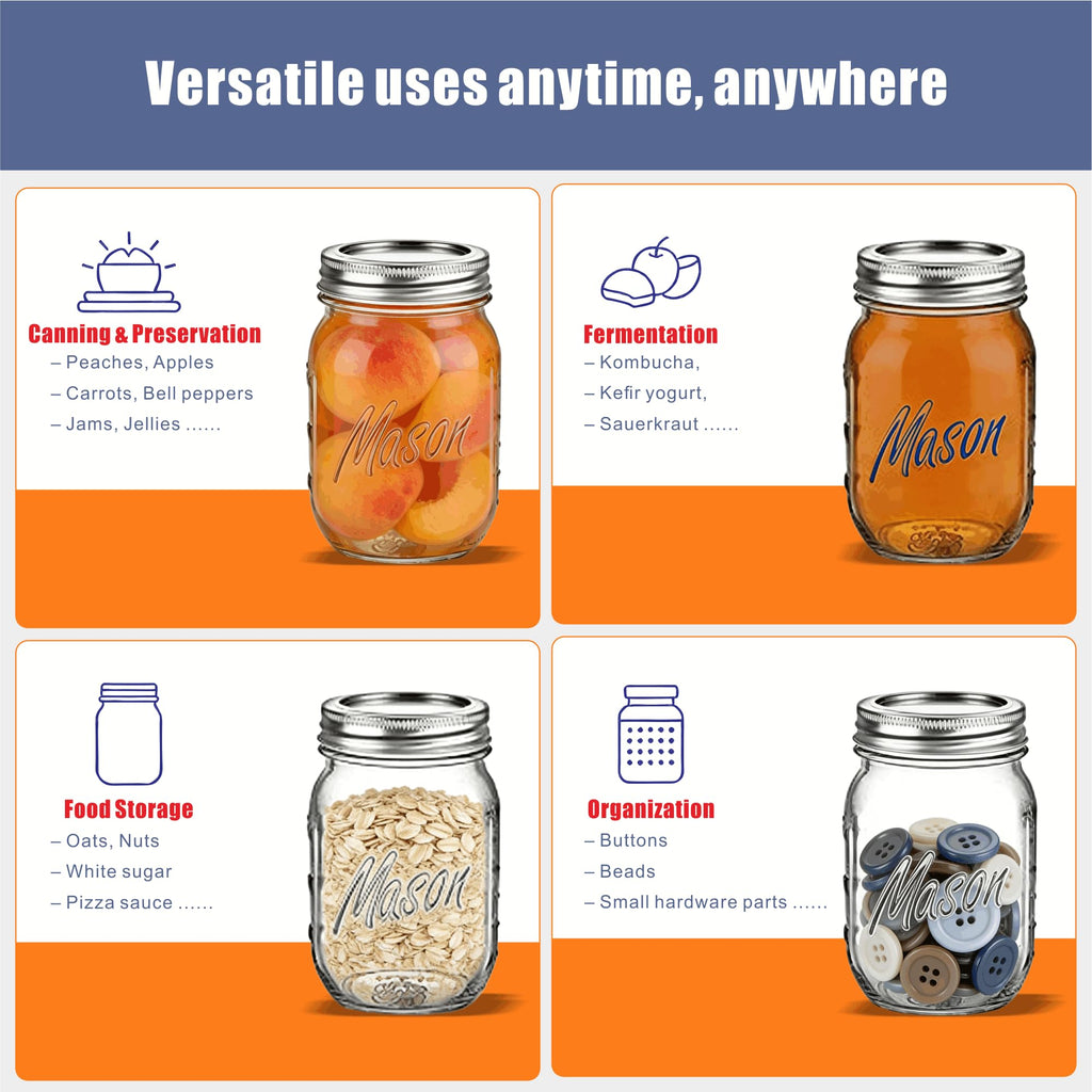 16 oz 6-Pack Regular Mouth Glass Mason Jars with Airtight Lids X147