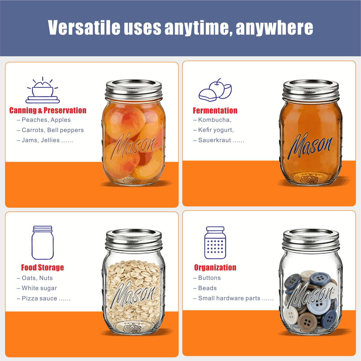 16 oz 6-Pack Regular Mouth Glass Mason Jars with Airtight Lids X147