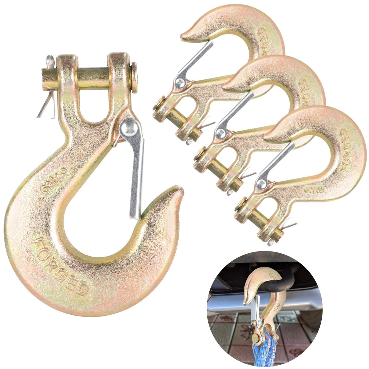 4-Pack 3/8-Inch Clevis Slip Hooks with Safety Latch O7651