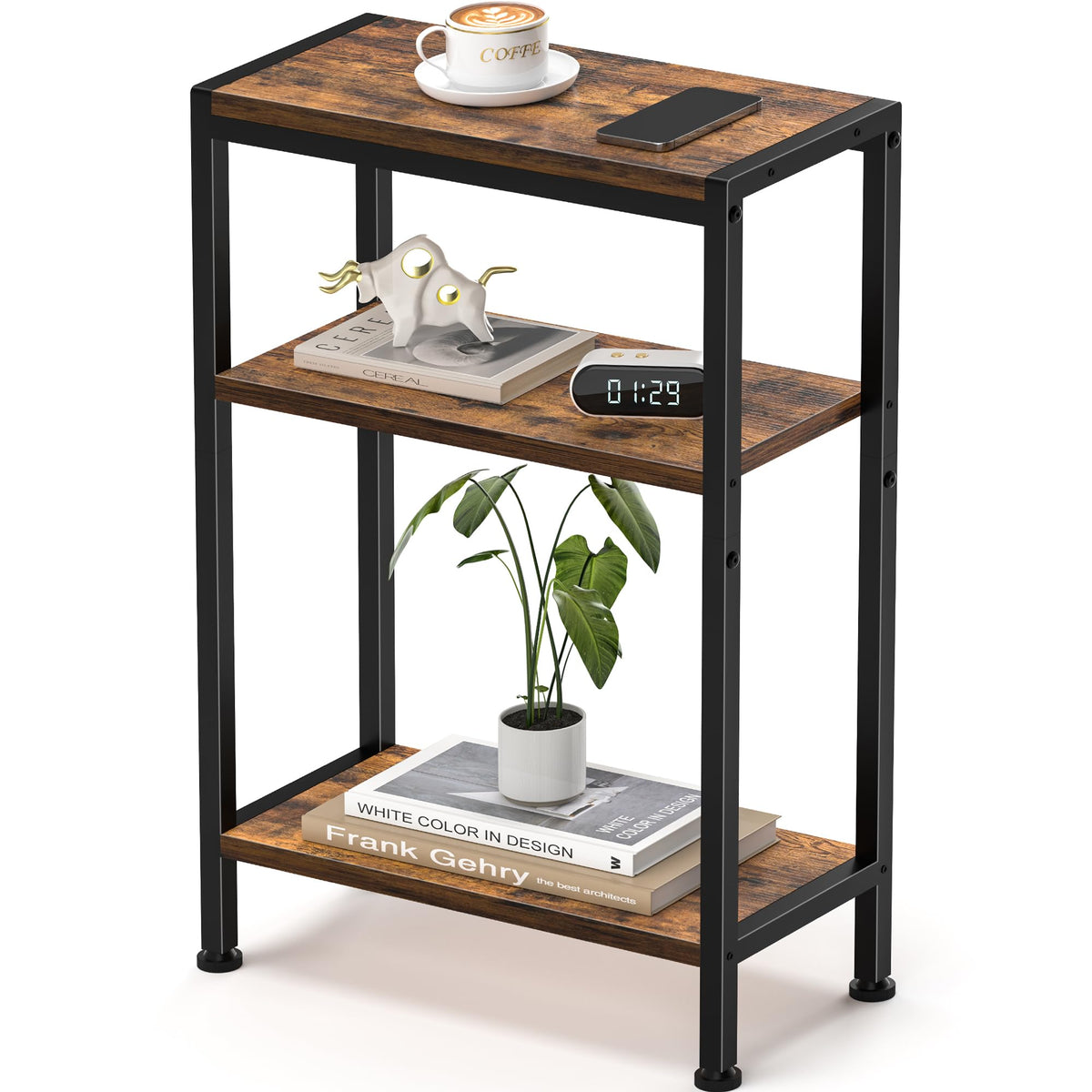 Narrow 3 Tier Slim Side Table Rustic Brown N287