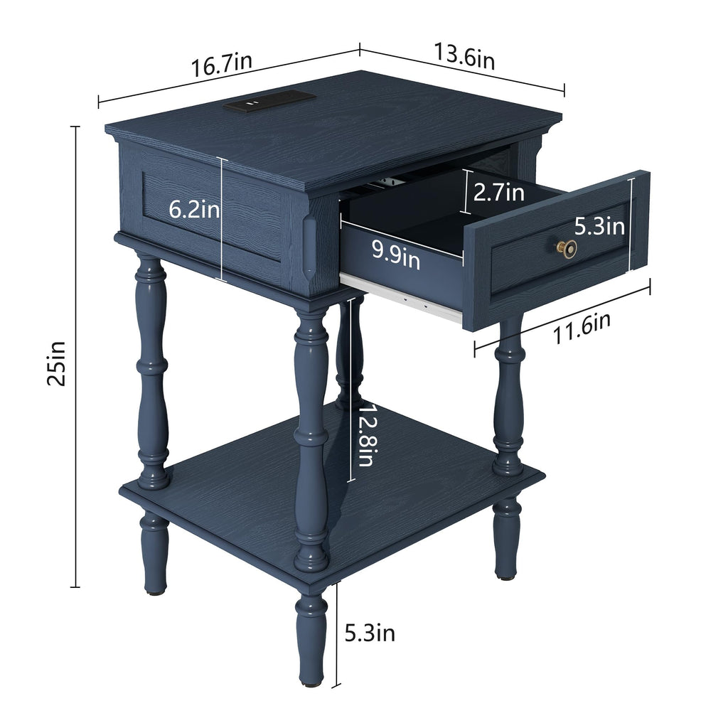 Blue Nightstands Set of 2 with Charging Station & Storage Shelf V7308