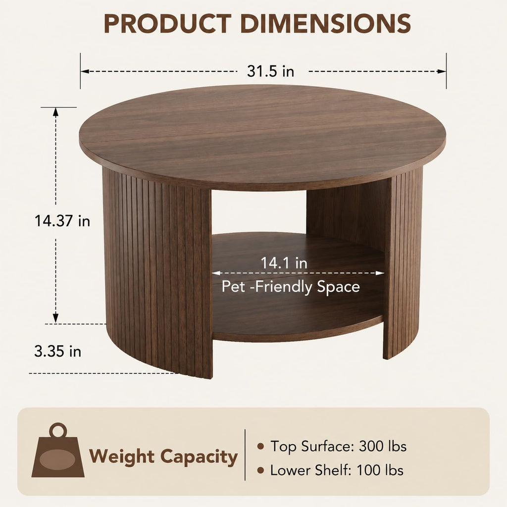 Round Coffee Table with Storage, 31.5" Modern Fluted 2-Tier Wood Coffee Table H28397