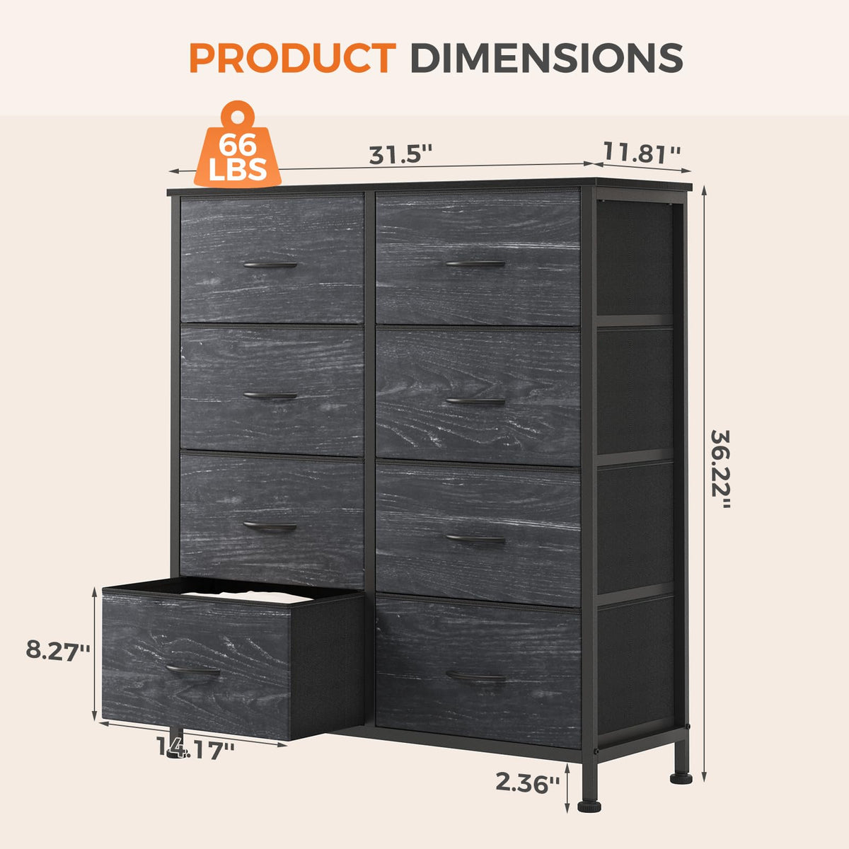 Black 8 Drawer Fabric Dresser T31441