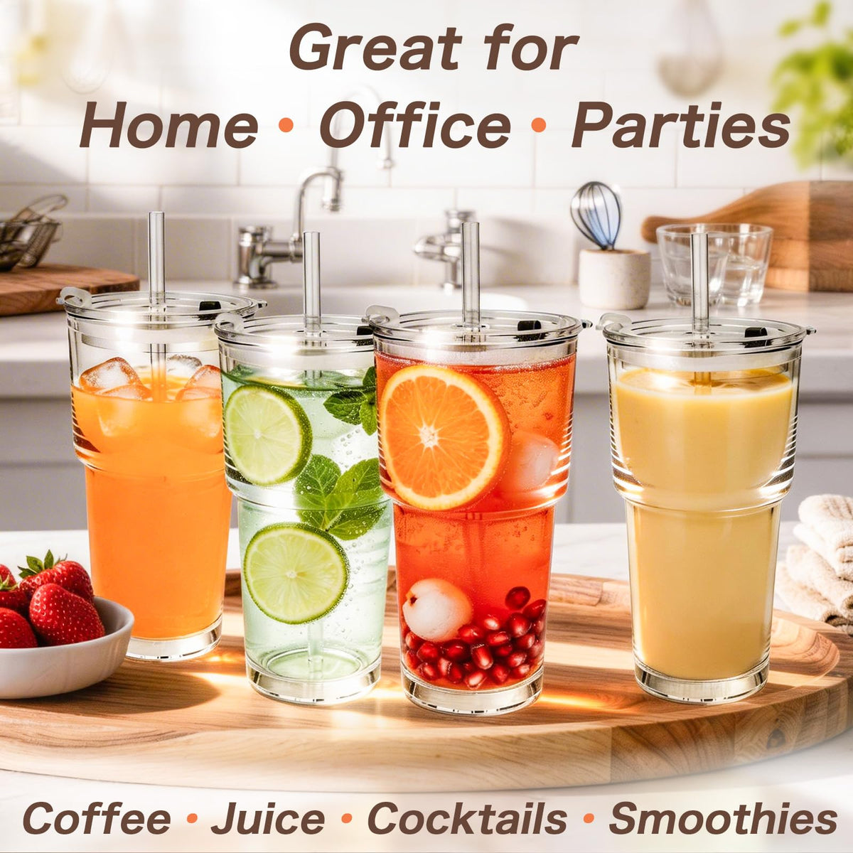 Clear Iced Coffee Cups with Lids 4 Pack 20oz Reusable Glass Cups O7205