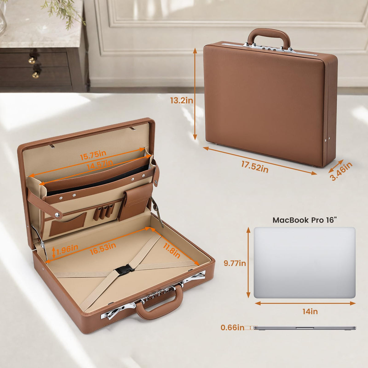 Brown Leather Briefcase with Lock for 16 Inch Laptop V927442