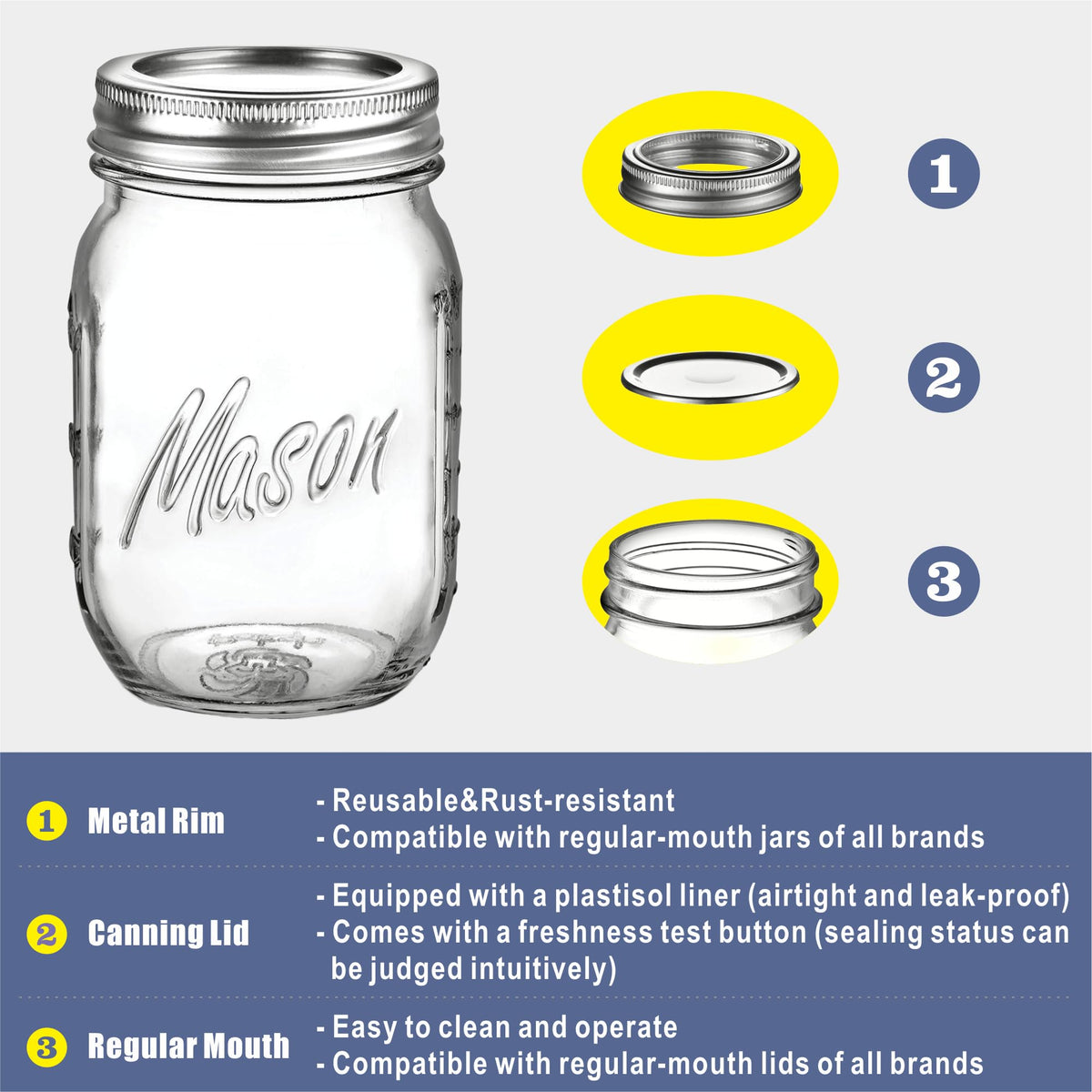 16 oz 6-Pack Regular Mouth Glass Mason Jars with Airtight Lids X147
