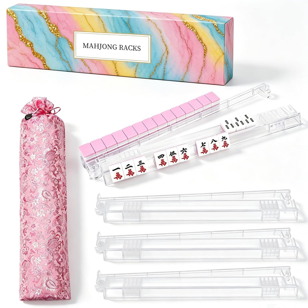 Set of 4 Non-Slip Clear Acrylic Mahjong Racks with Pushers Q366