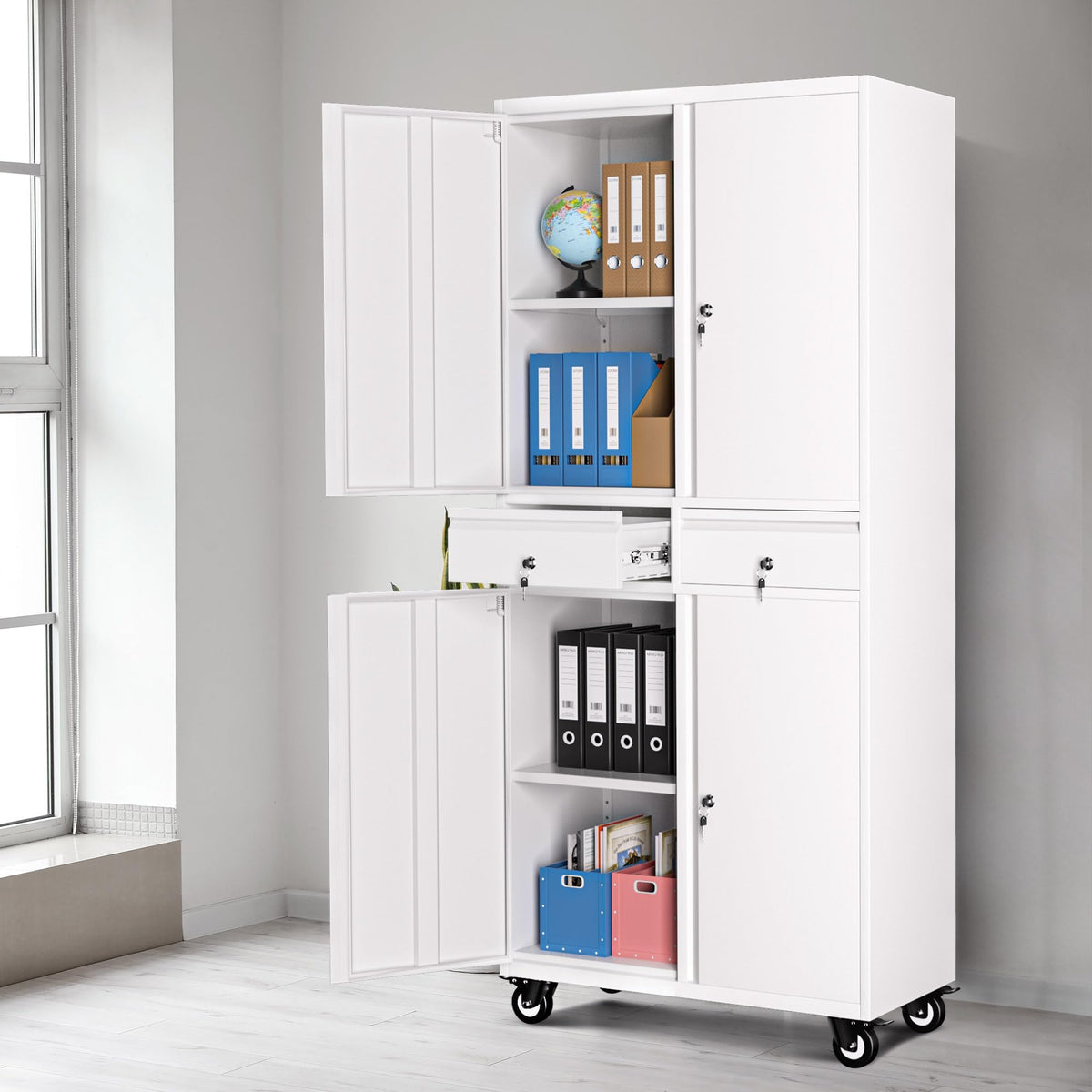72” Rolling Metal Storage Cabinet with Locking Doors & 2 Drawers K412