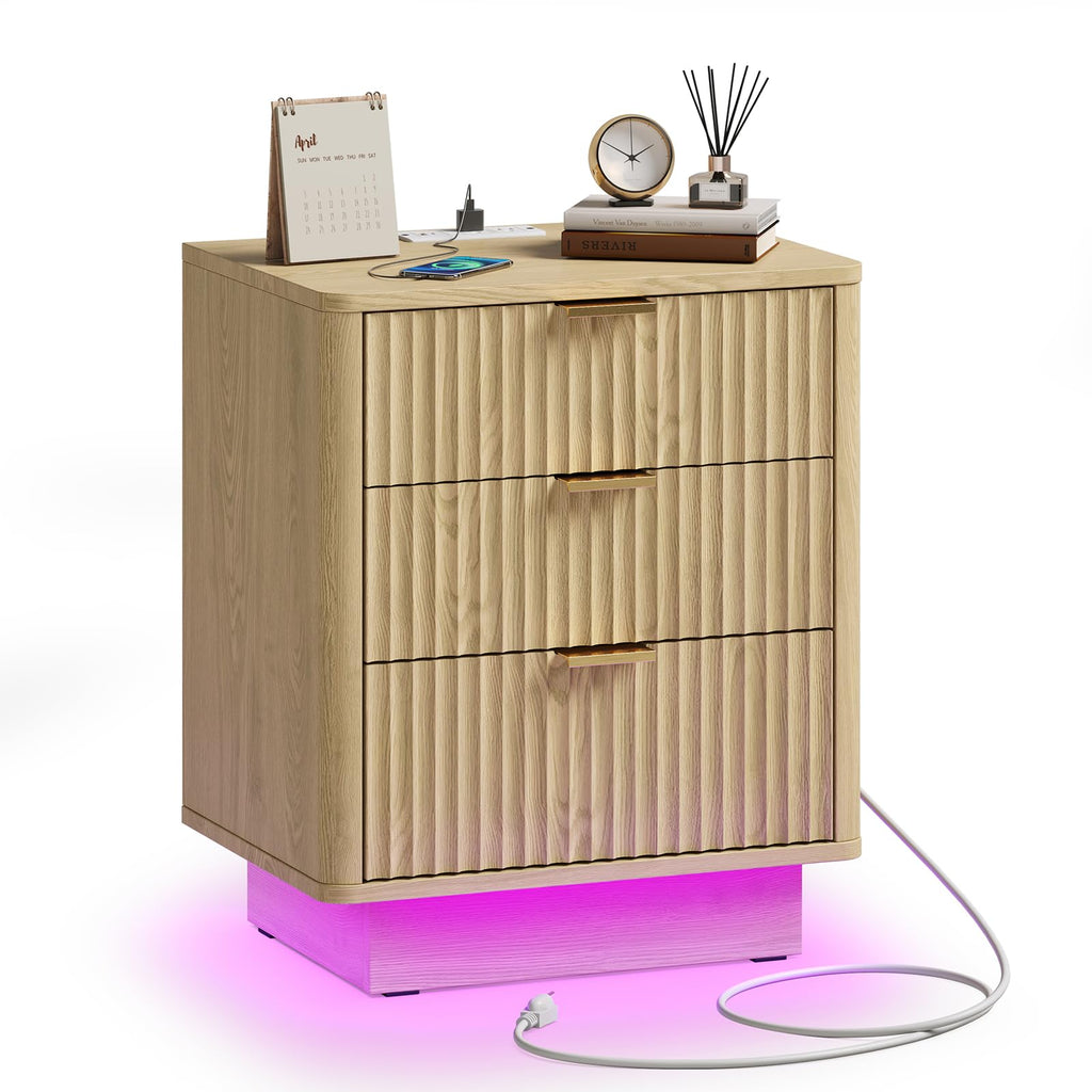 Natural 3 Drawer Nightstand with Charging Station V7540