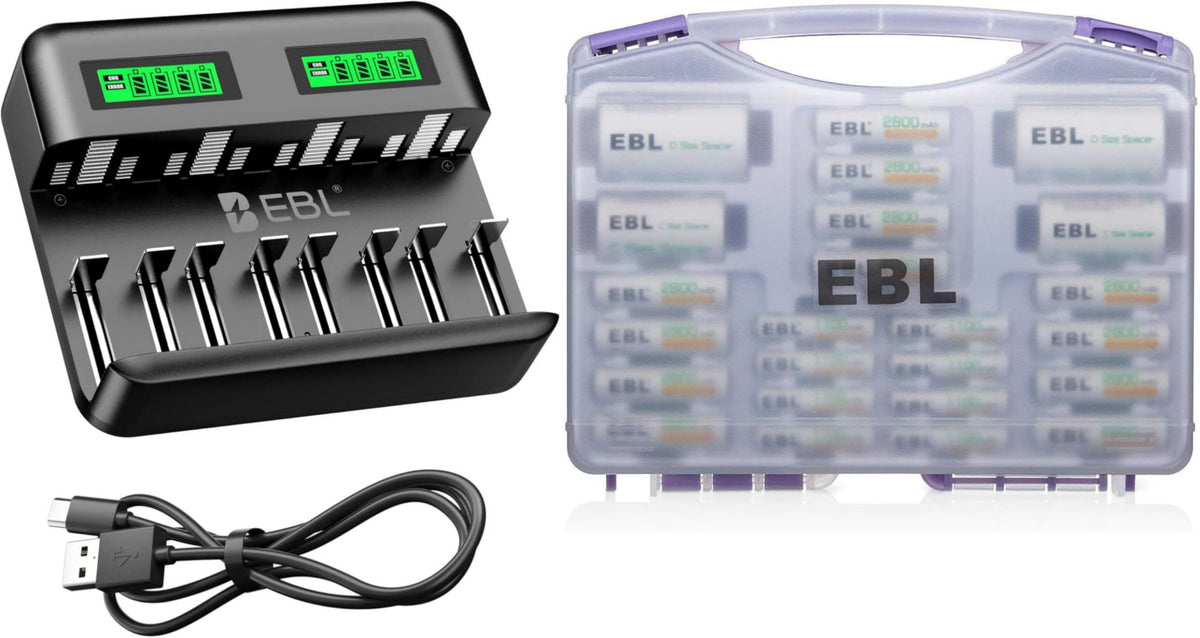 8 Bay LCD Battery Charger with 12 AA and 8 AAA Batteries Y750