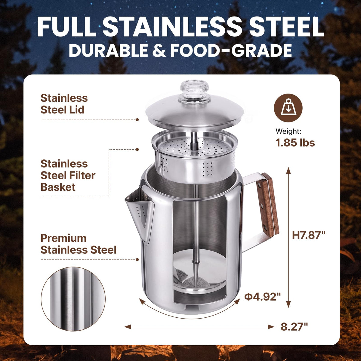 9 Cup Stainless Steel Coffee Pot with Wood Handle N87497