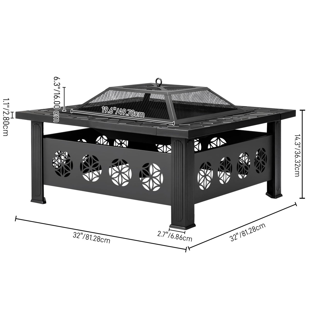 32 Inch Square Wood Burning Fire Pit Table with Spark Screen Lid and Fire Poker W5846