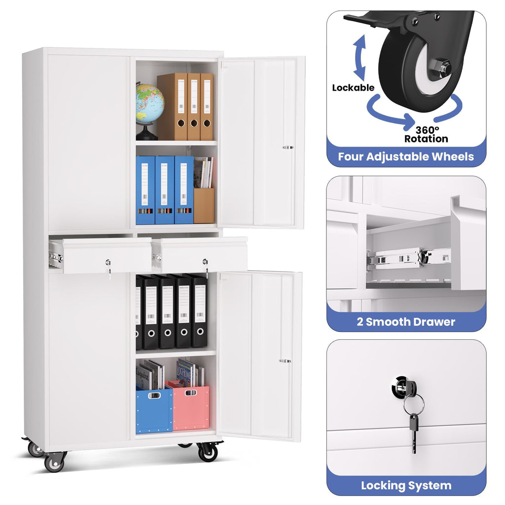 72” Rolling Metal Storage Cabinet with Locking Doors & 2 Drawers K412