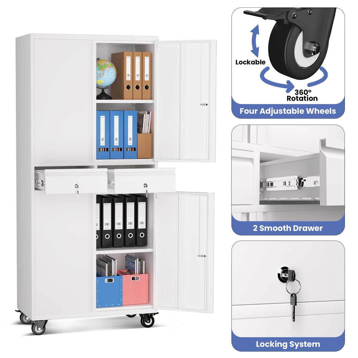72” Rolling Metal Storage Cabinet with Locking Doors & 2 Drawers K412