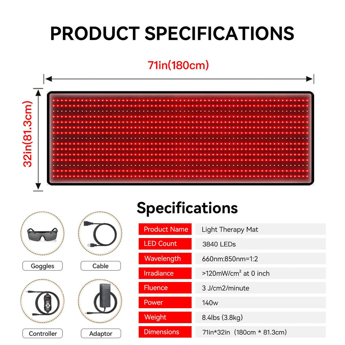 Red Light Therapy Mat 3840pcs LED 660nm 850nm 71''x 32'' N2723