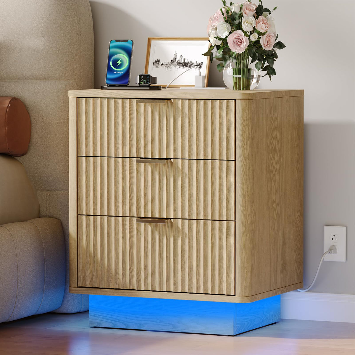 Natural 3 Drawer Nightstand with Charging Station V7540