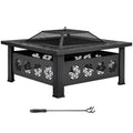 32 Inch Square Wood Burning Fire Pit Table with Spark Screen Lid and Fire Poker W5846