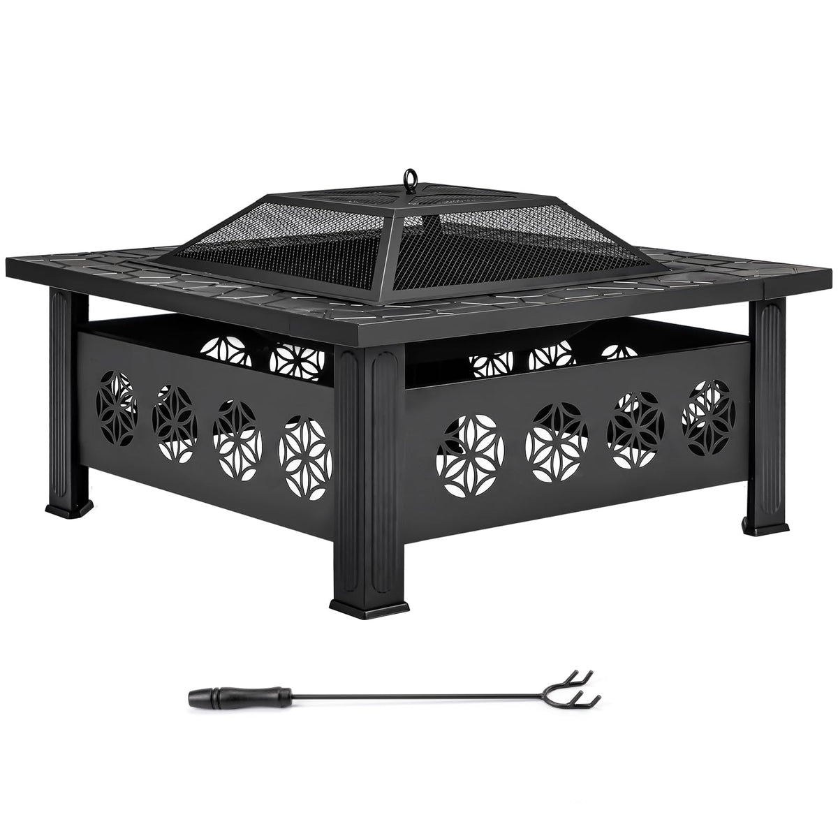 32 Inch Square Wood Burning Fire Pit Table with Spark Screen Lid and Fire Poker W5846