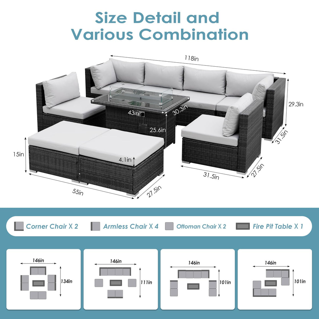 9 Piece Light Grey Patio Furniture Set with Fire Pit Q1704