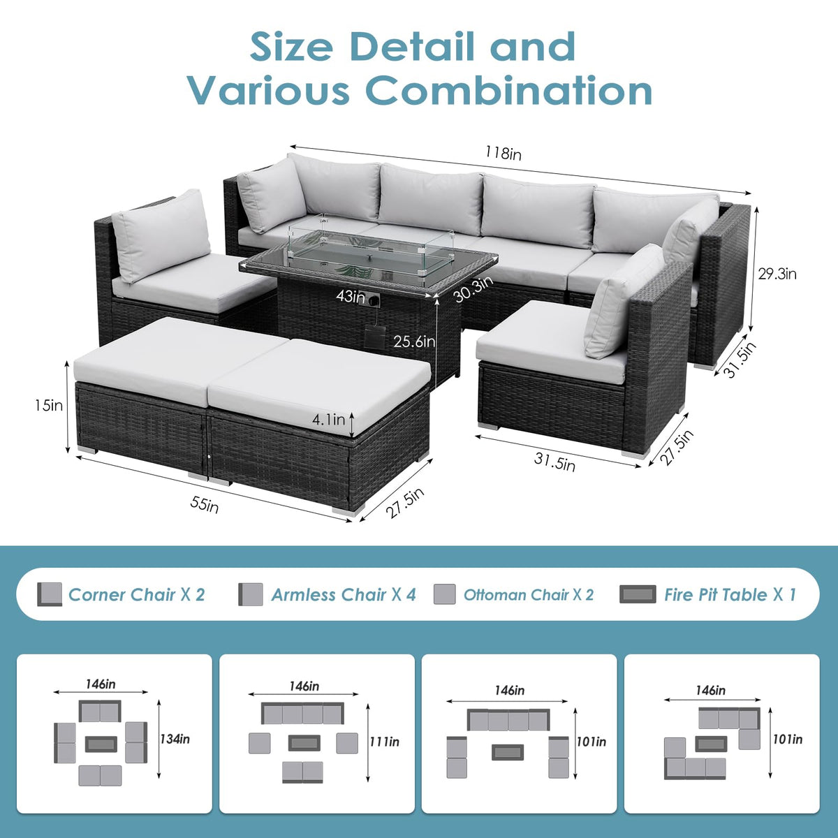 9 Piece Light Grey Patio Furniture Set with Fire Pit Q1704