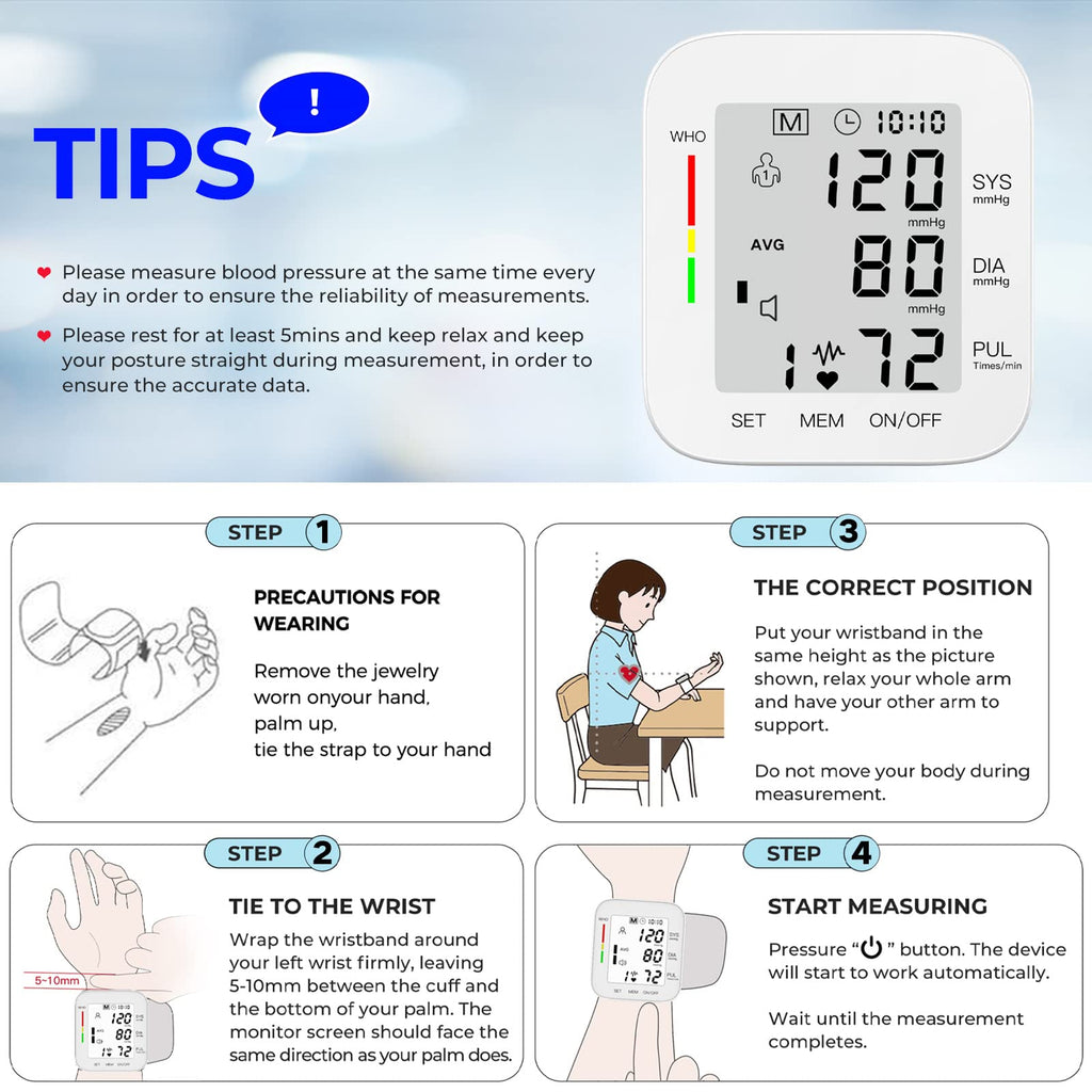 Wrist Blood Pressure Monitor Large LCD Display Adjustable Cuff 99x2 Sets Memory with Carrying Case White Pack of 5 J6183