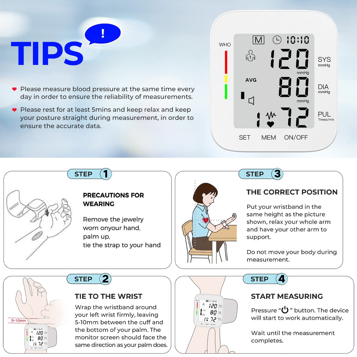 Wrist Blood Pressure Monitor Large LCD Display Adjustable Cuff 99x2 Sets Memory with Carrying Case White Pack of 5 J6183