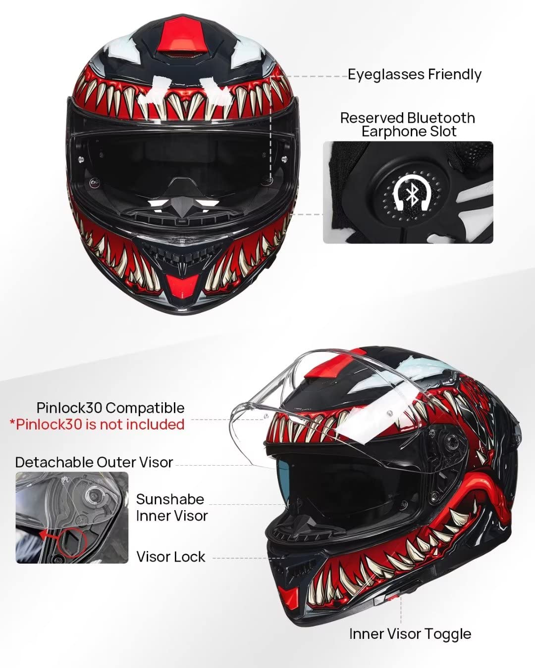 Full Face Dual Visor Motorcycle Helmet with Rear Wing Z816