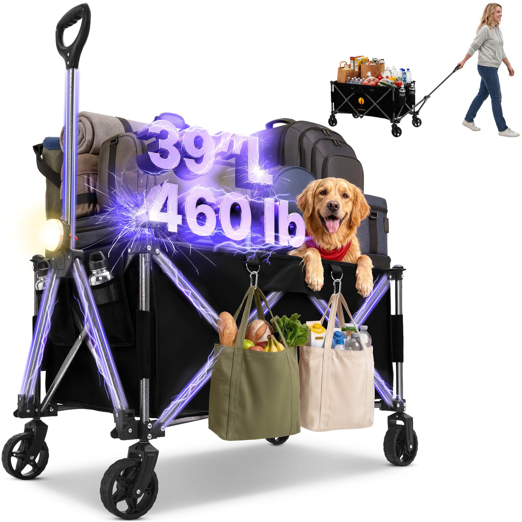 39" Collapsible Wagon with All-Terrain Wheels, 460 lbs Foldable Cart, Black I846
