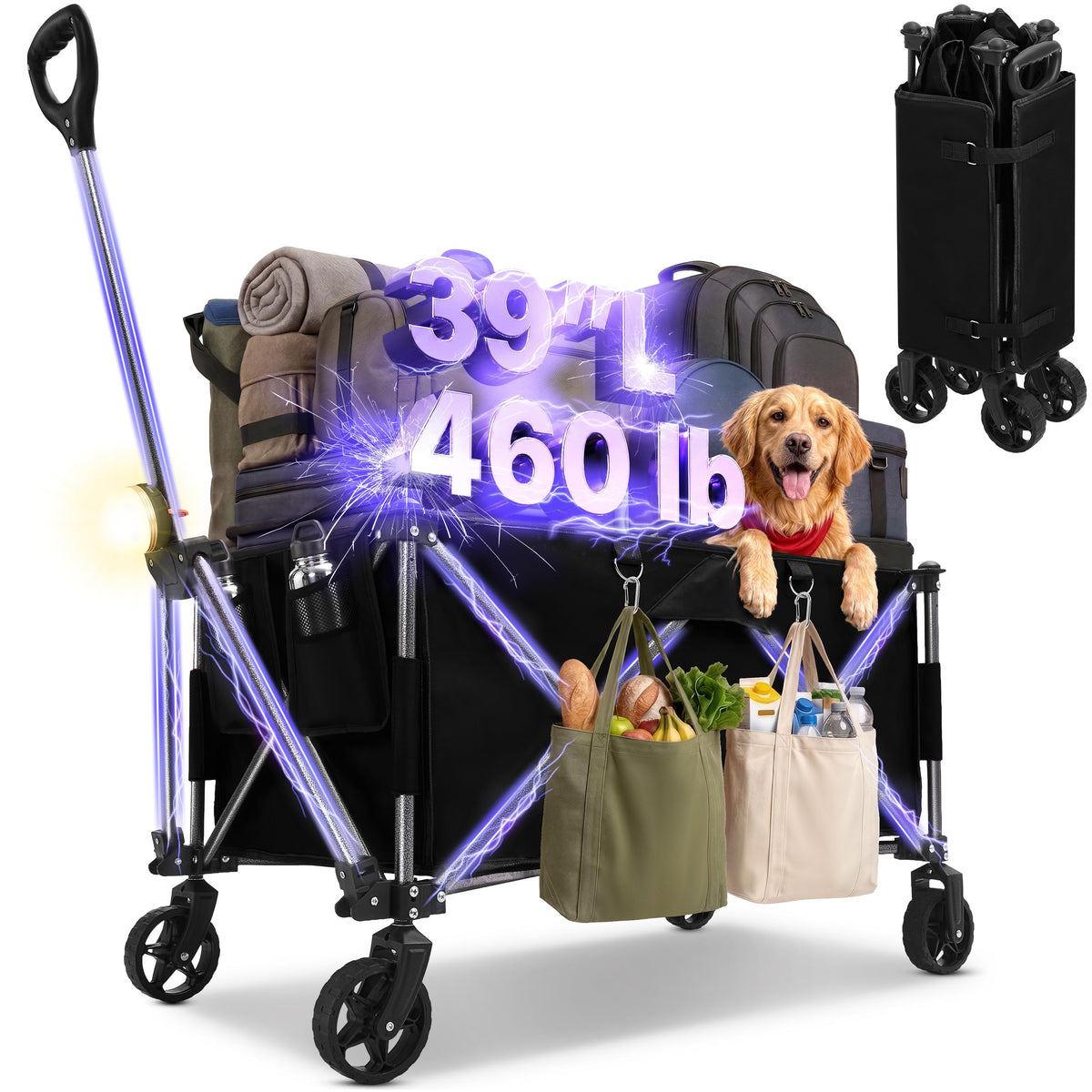 39" Collapsible Wagon with All-Terrain Wheels, 460 lbs Foldable Cart, Black I846