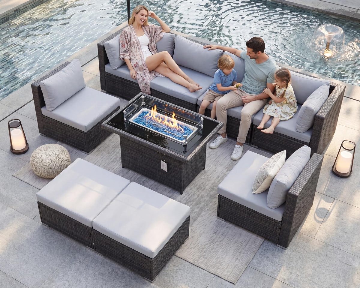 9 Piece Light Grey Patio Furniture Set with Fire Pit Q1704