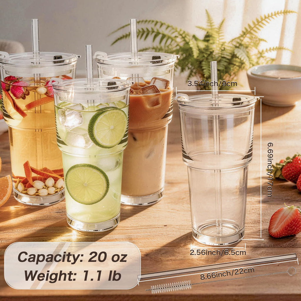 Clear Iced Coffee Cups with Lids 4 Pack 20oz Reusable Glass Cups O7205