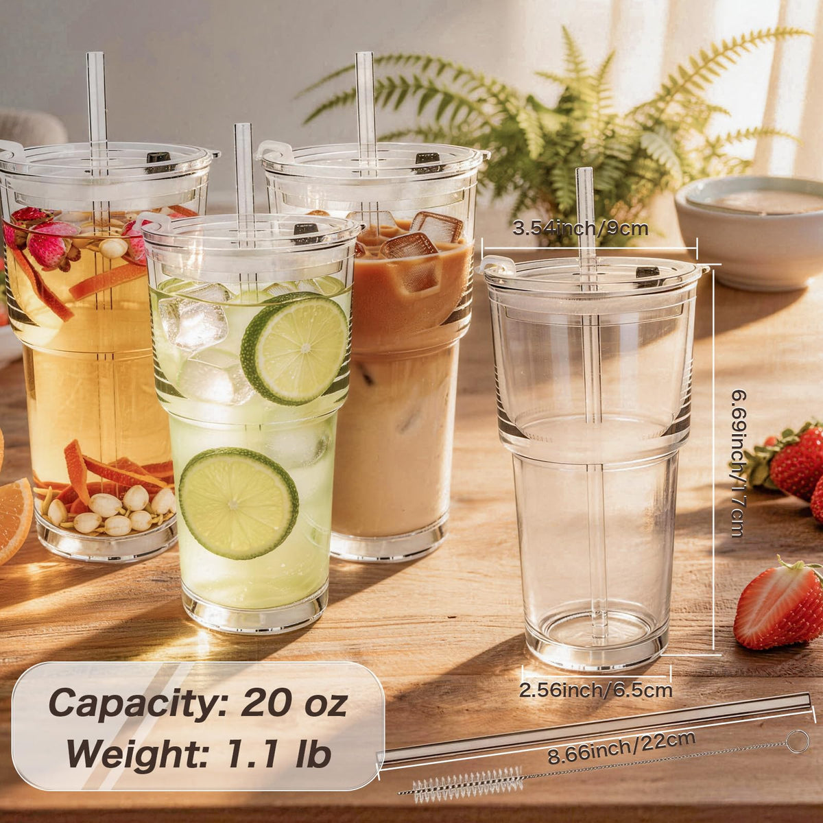 Clear Iced Coffee Cups with Lids 4 Pack 20oz Reusable Glass Cups O7205