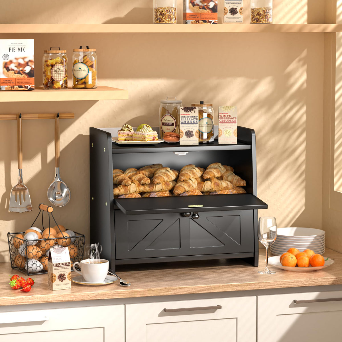 Black Double Layer Wooden Bread Box F591153