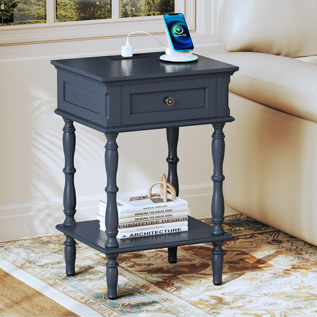 Blue Nightstands Set of 2 with Charging Station & Storage Shelf V7308