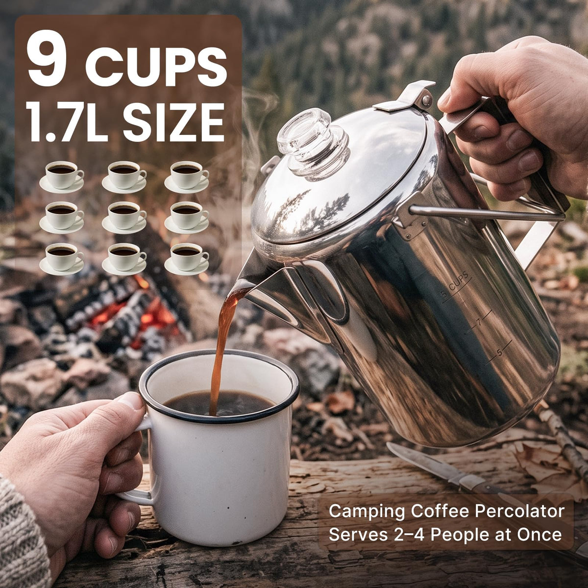 9 Cup Stainless Steel Coffee Pot with Wood Handle N87497
