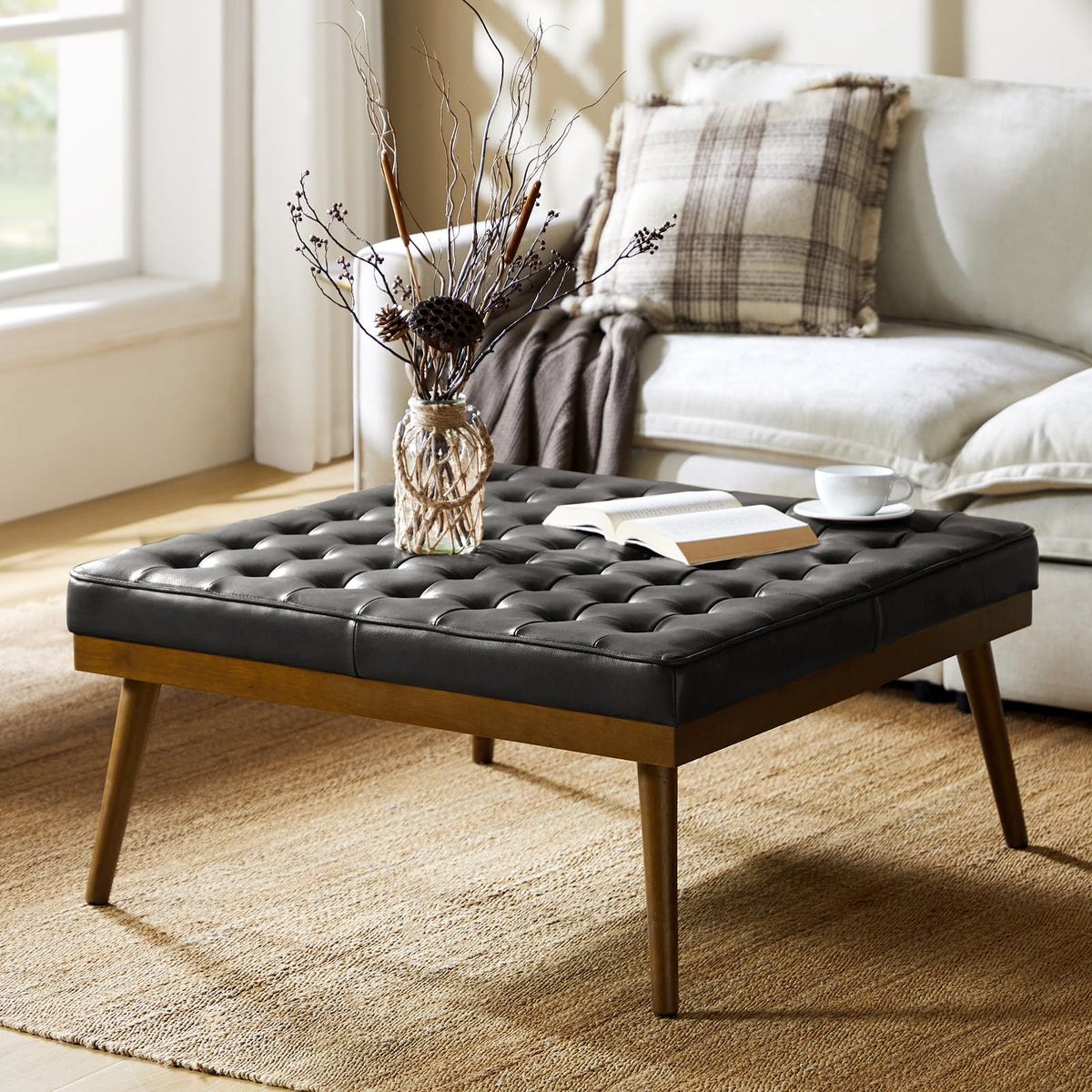 36" Genuine Leather Square Tufted Ottoman P13772