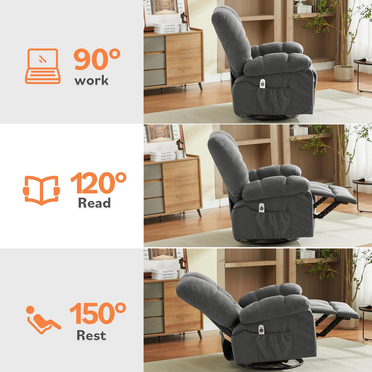 Oversized Swivel Recliner Chair with Vibration & Lumbar Heat U2524