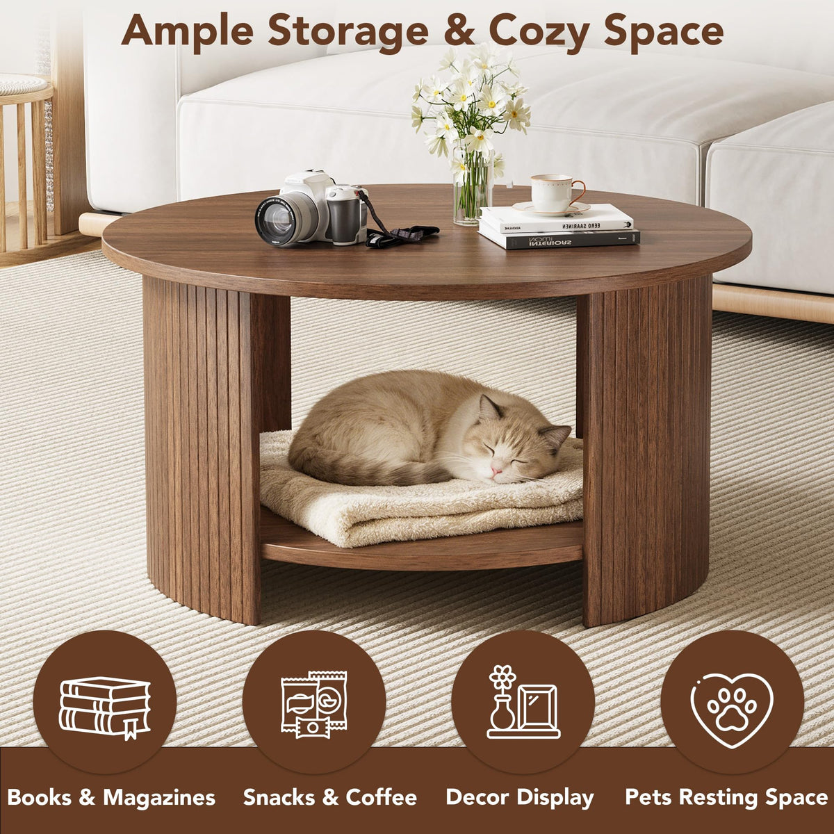 Round Coffee Table with Storage, 31.5" Modern Fluted 2-Tier Wood Coffee Table H28397